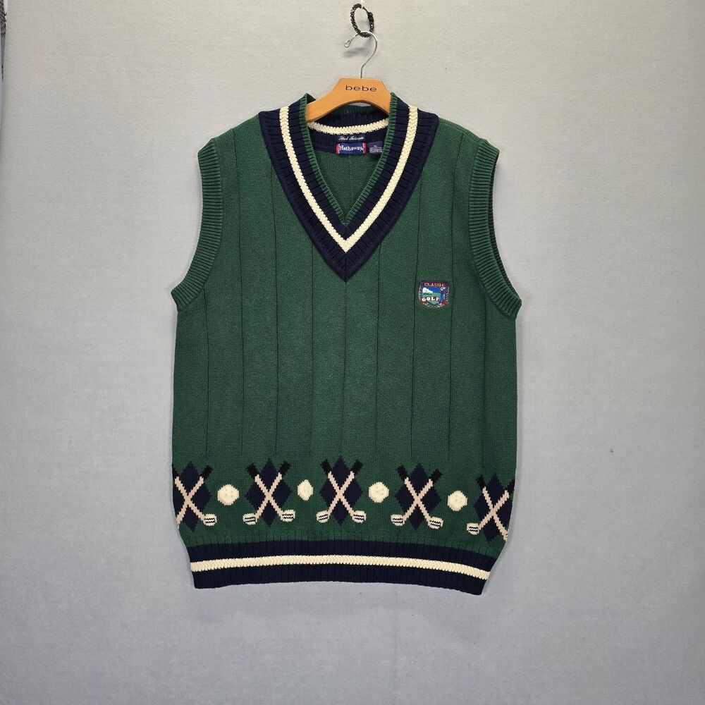 Hathaway Golf Mens Sweater Vest Shield patch Golf Clubs navy green V Neck Sz XL